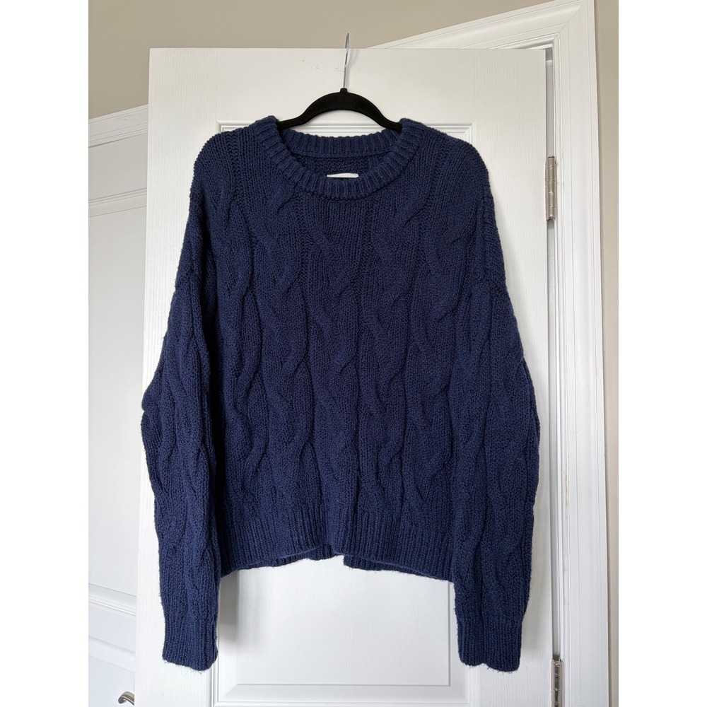 Aerie Womens Medium Navy Blue Cable Knit Sweater Oversized Crewneck Pullover